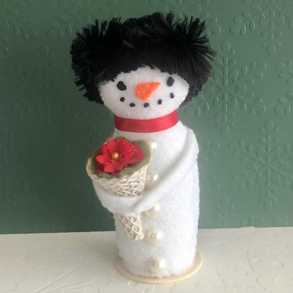 Snowman woman Art Doll with Poinsettia hand-sewn
